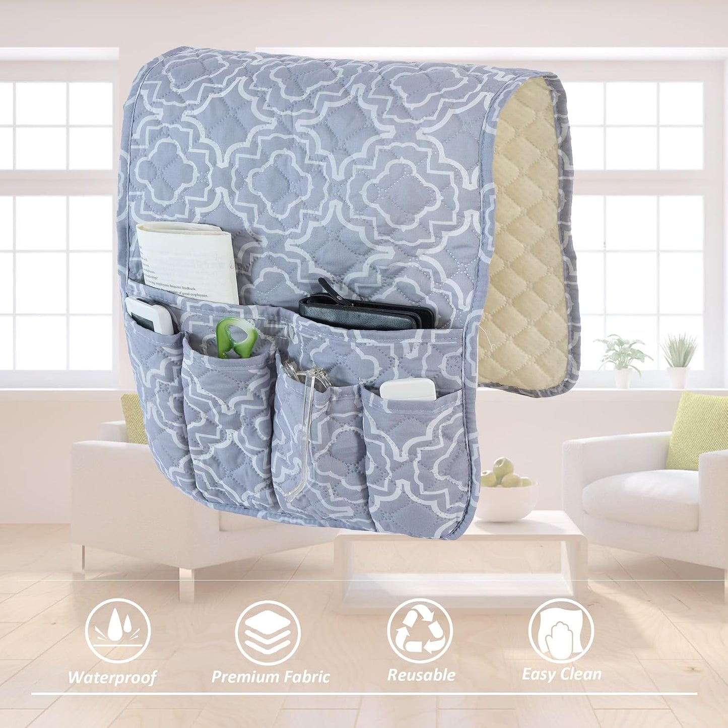 Armchair Caddy for Couch Remote Control Holder with 4 Pockets, Grey 1 Pack | Non-slip, Waterproof, Sofa Armset Organizer, Couch Chair Armrest Storage for TV Remote Control Phone Book Magazine 35"x13"