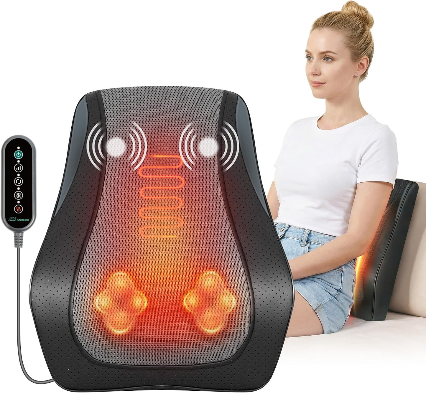 Snailax Back Massager with Heat,Shiatsu Massage Seat Cushion,8 Flexible Nodes Massage for Full Back Massage Chair Pad,Chair Massager for Office,Home Use