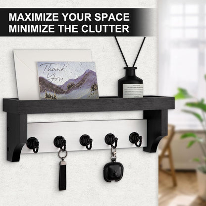 Key and Mail Holder Wall Mount, Mail Organizer with 5 Key Hooks | Key Holder with Shelf, Key Holder for Coat, Dog Leash, Home Decor Rack, Entry Way Organizer
