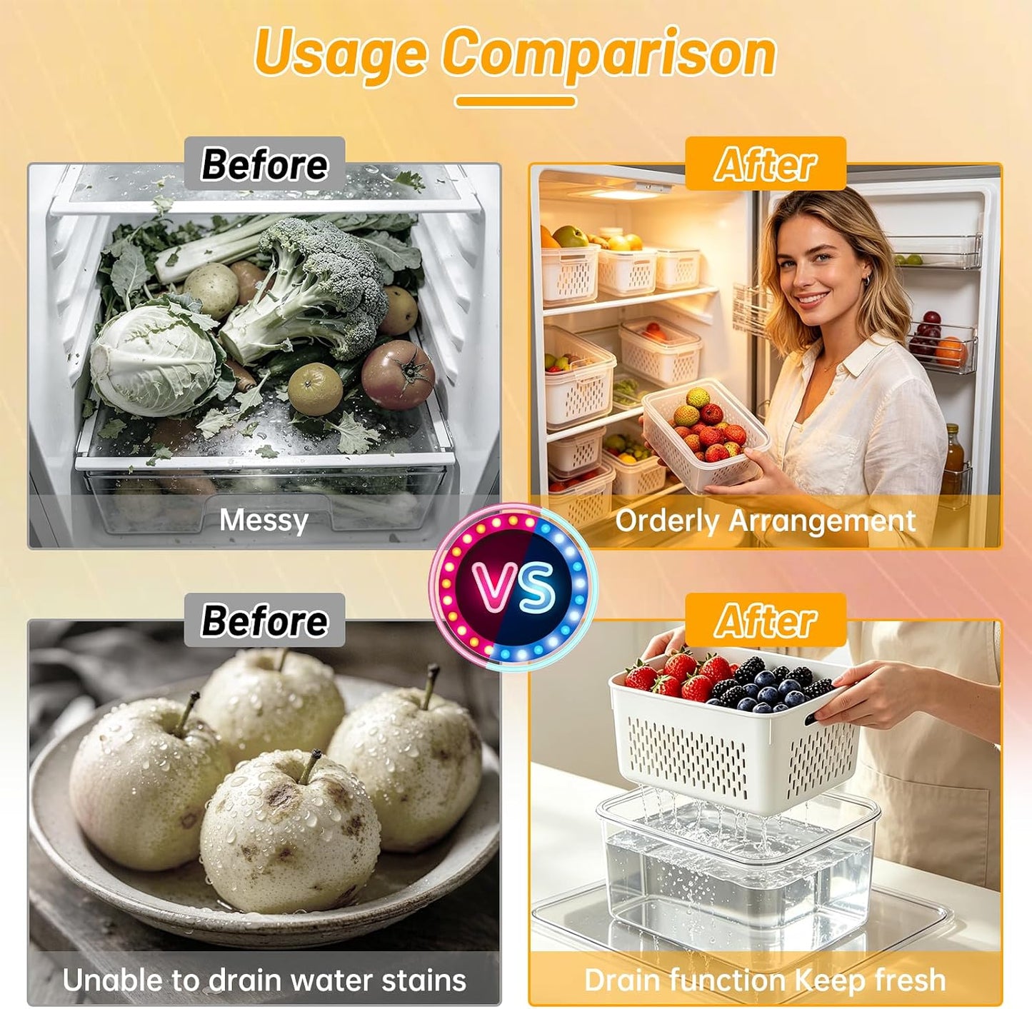 3 Pack Fruit Storage Containers for Fridge with Removable Colander | 3 BPA-free produce storage containers with colanders, airtight lids and stackable design for fruits and vegetables.