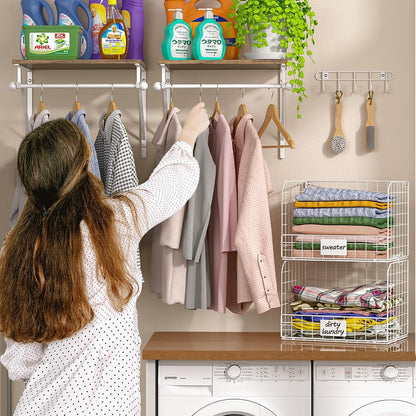 Laundry Room Shelves Wall Mounted with Wire Baskets, Over the Washer and Dryer Shelf with Clothes Drying Rack, Wire Shelves Baskets for Laundry Closet Organization and Storage, Wood+Metal, Black