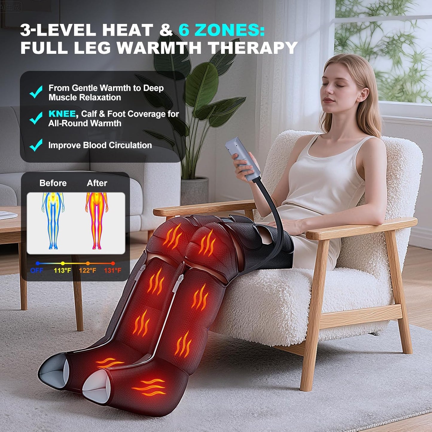 Leg Compression Massager for Circulation and Pain Relief, Compression Boots with Heated Knee, 6 Modes 12 Intensities 3 Timers, Foot Calf Thigh Recovery Machine, Gifts for Man Woman, Black
