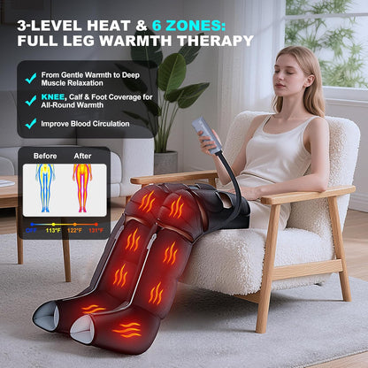 Leg Compression Massager for Circulation and Pain Relief, Compression Boots with Heated Knee, 6 Modes 12 Intensities 3 Timers, Foot Calf Thigh Recovery Machine, Gifts for Man Woman, Black