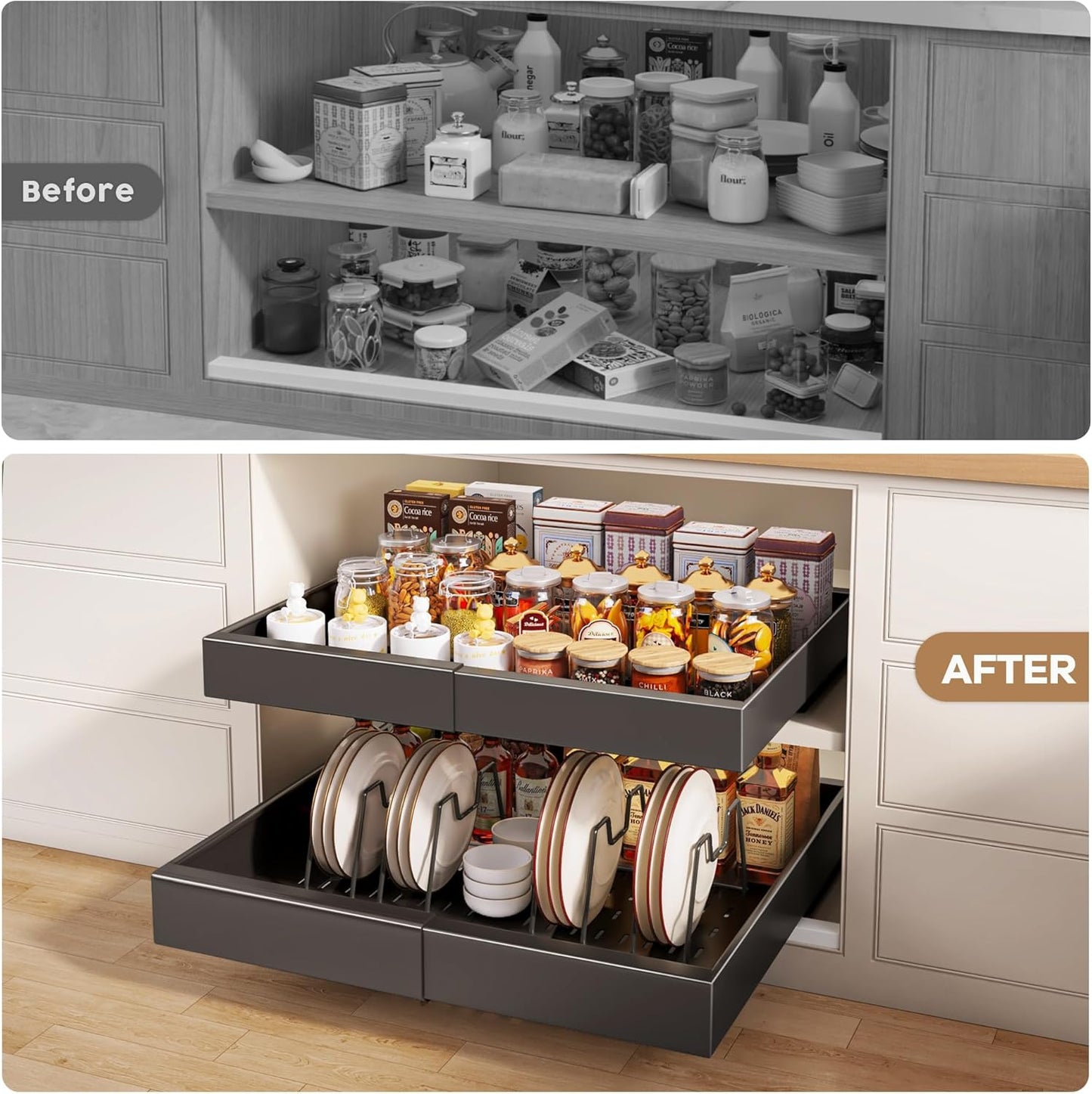 Seinloes 2Pack Pull out Cabinet Organizer 21"Deep with 4 Adjustable Dividers,Expandable（12.1"-20.4"W） Pots and Pans Organizer Under Cabinet with Raising Pad for Framed Cabinets,Slide out Drawers,White