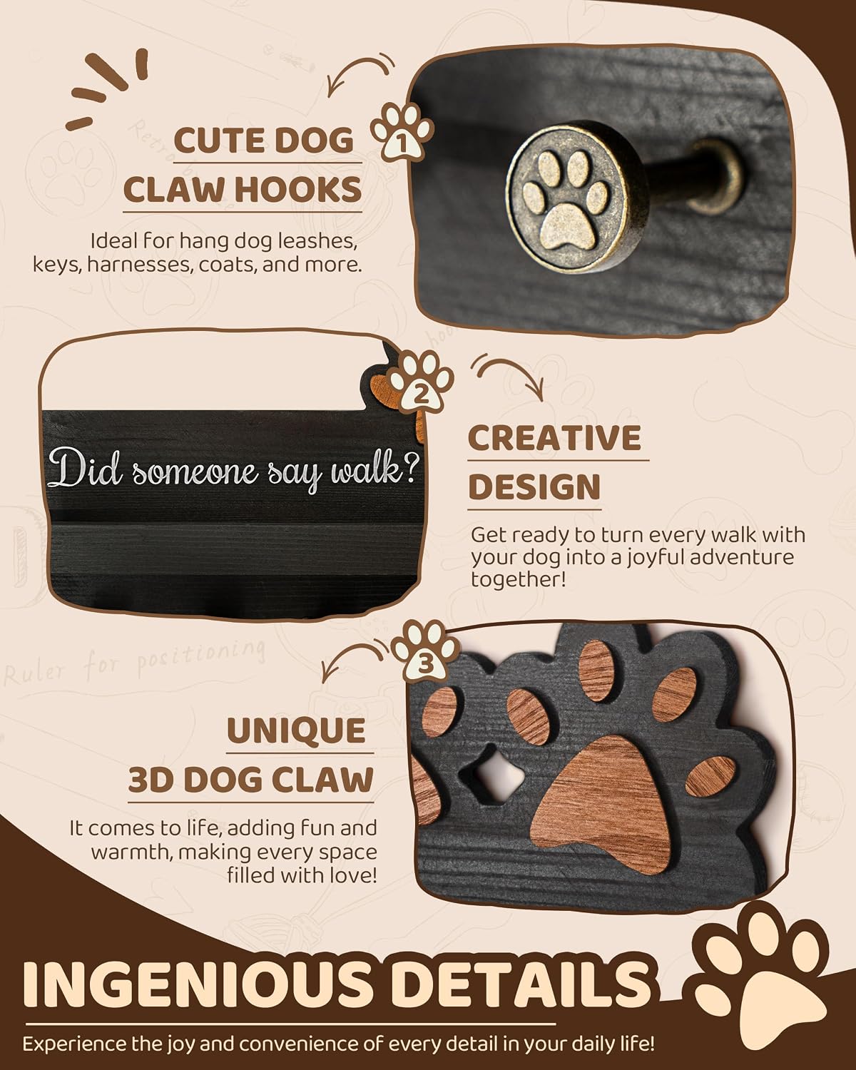 MTERSN Cute Dog Leash Holder for Wall for Pet Station Organizer, Brown