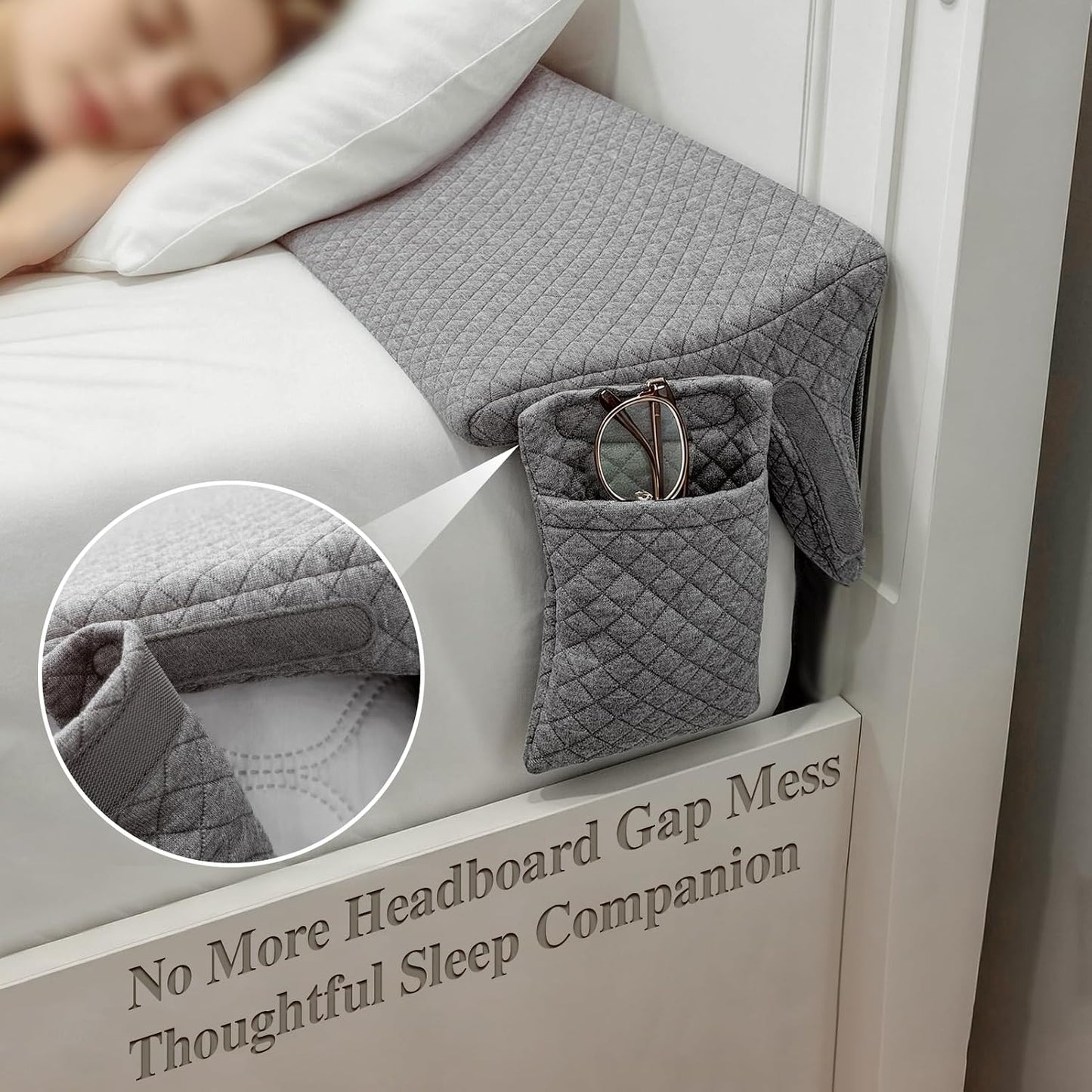 JZHLLA Triangle Bed Gap Filler King, Prevent Items from Falling | High Density Foam Headboard Gap Filler Pillow with 2 PCS Pockets and Removable Washable Cover Grey