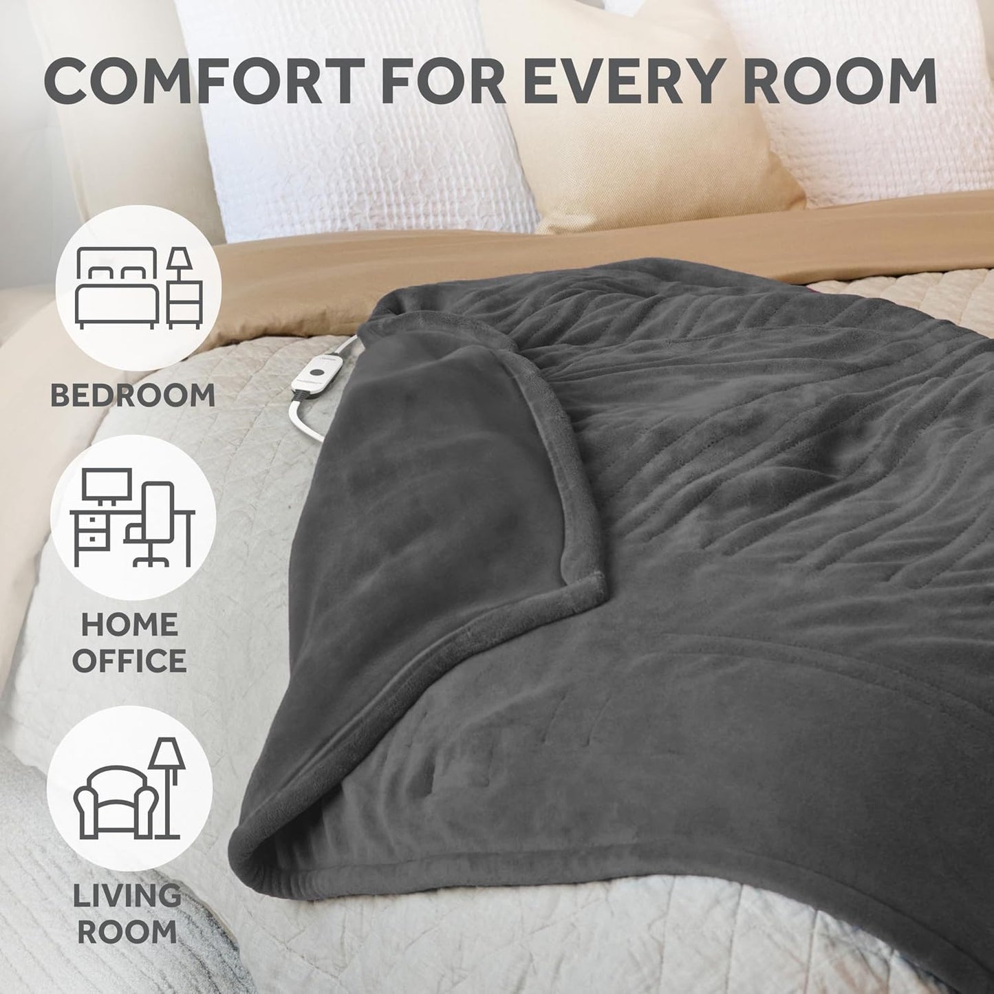 Sunbeam Electric Throw Royal Luxe Microplush Heated Blanket, 4 Heat Settings, 4-Hour Auto Shut-Off, Fast Heating, Warm and Cozy, Walnut Color, 50" x 60"