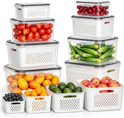 HOMETALL 4 Pack Fruit Storage Containers for Fridge Set, Produce Containers for Fridge with Strainer, Plastic Reusable Fridge Organizers and Storage for Berry Salad Lettuce, Size 3.4, 1.8, 0.9, 0.4QT