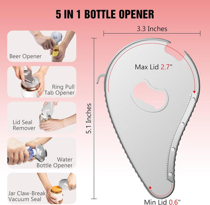 Uinxan 5 in 1 Bottle Opener for Small Jar Lid, Beer, Can Tab, Vacuum Seals | Effortlessly Opens Screw Caps(0.6"-2.7"), Stainless Steel Multi Portable Tool,Ideal for Seniors & Weak Hands (Silver)