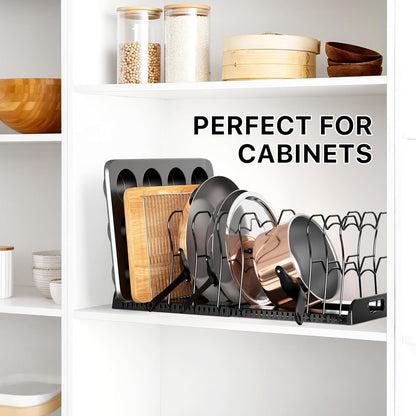 Simple Houseware Expandable Pan Rack 10 Adjustable Compartments, White | Kitchen Cabinet Organizer for Pots, Pans, Lids & Bakeware - Pantry & Countertop Storage