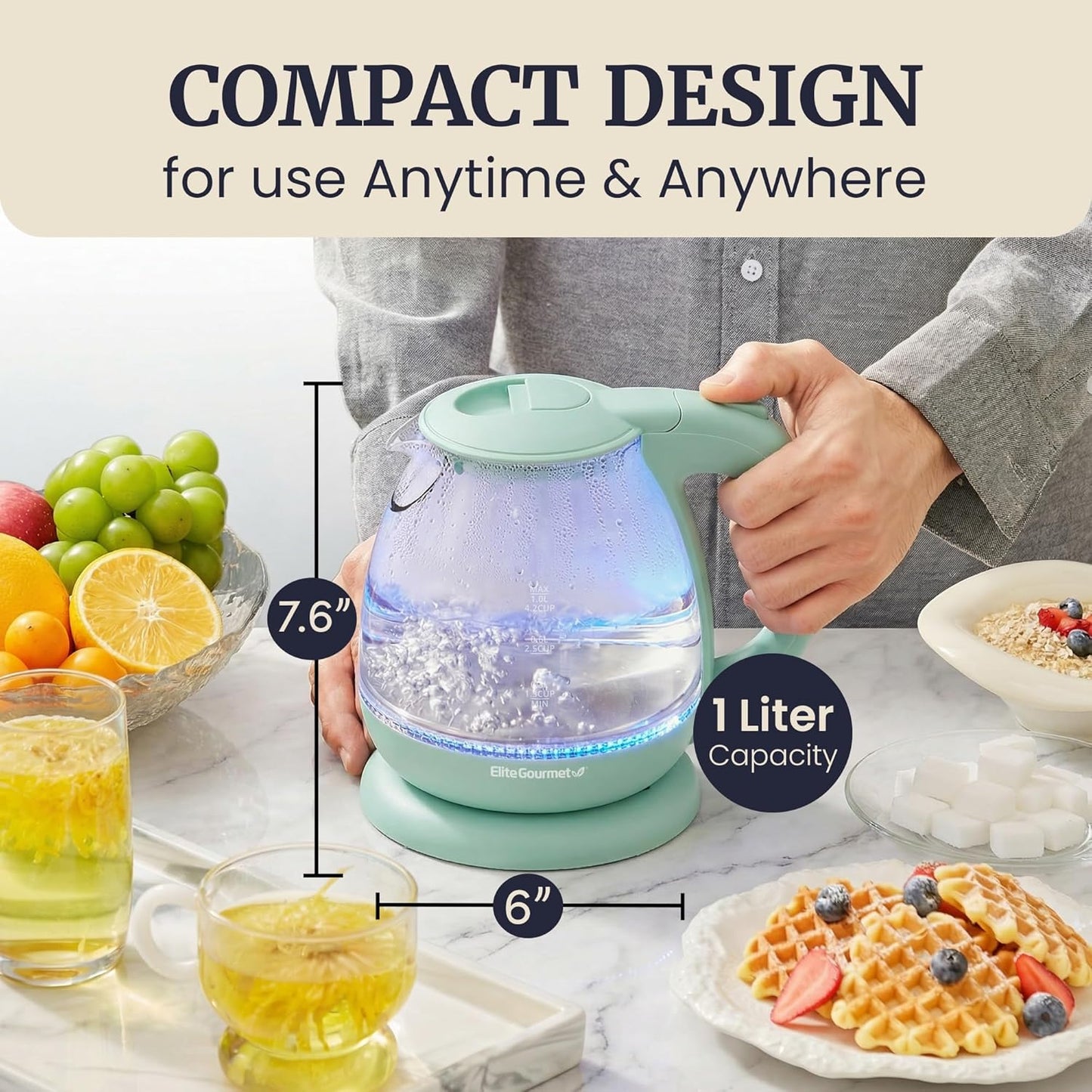 Elite Gourmet 1.7L Cool-Touch 1500W Fast Boil Kettle, Double Wall, Black | Fully Stainless Steel Lid & Interior, BPA-Free, Auto Shut-Off