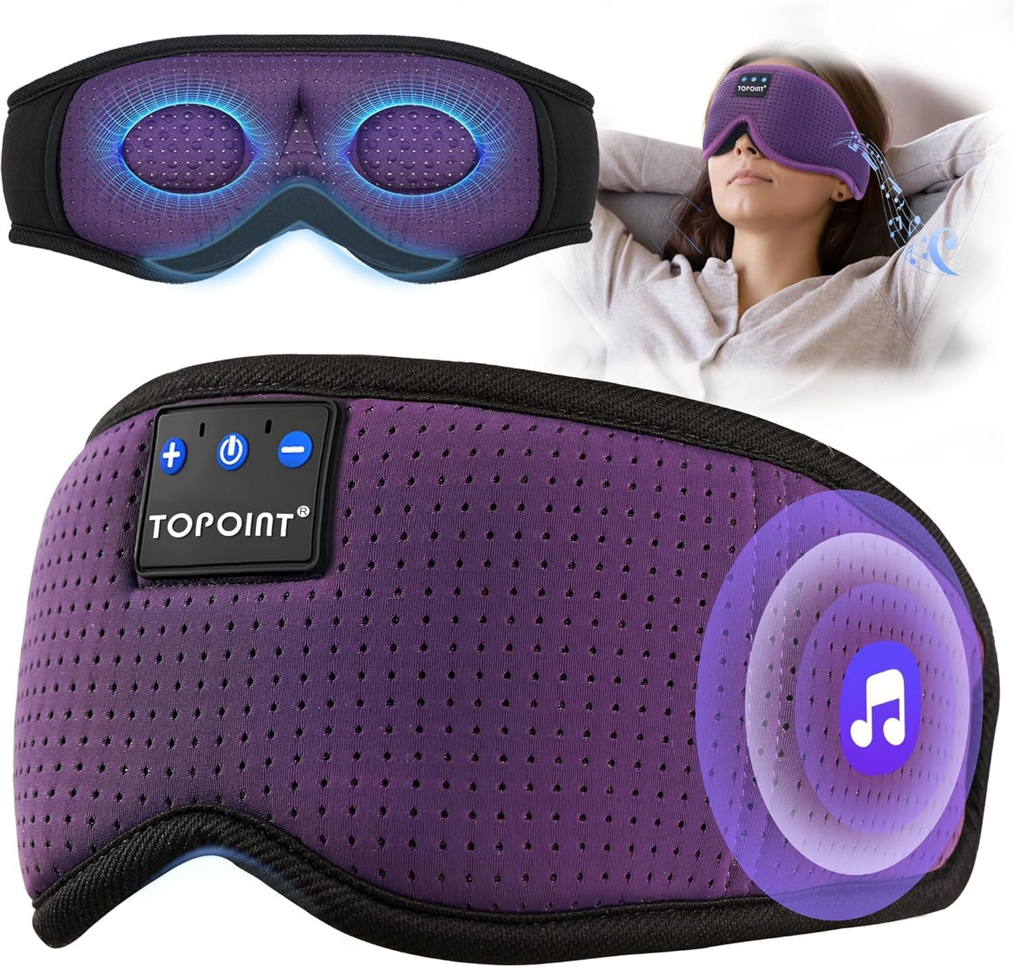 TOPOINT Sleep Mask with Bluetooth Headphones, 3D Eye Mask for Sleep Headphones with White Noise, Total Blackout, 5.4 Bluetooth, Timer, 15 Hours for Women Men, Travel, Meditation, Nap, CPAP Users