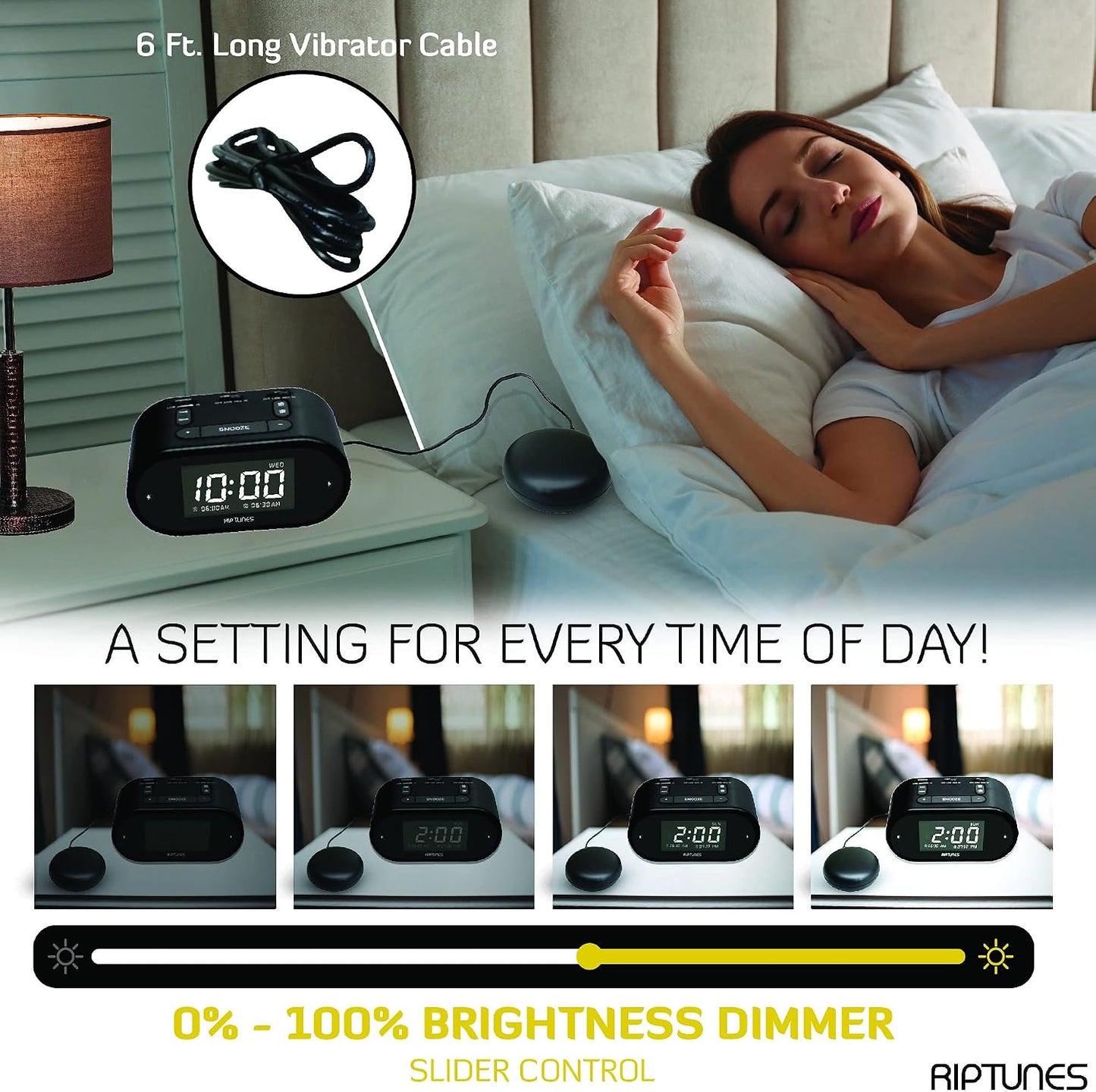 Riptunes Loud Alarm Clock with Bed Shaker for Heavy Sleepers & Hearing Impaired - Dual Alarm for Bedroom Weekday and Weekend Settings USB Charging, Dimmer, Snooze (Black)