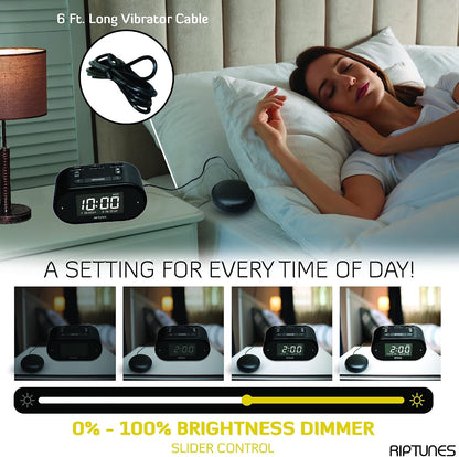 Riptunes Loud Alarm Clock with Bed Shaker for Heavy Sleepers & Hearing Impaired - Dual Alarm for Bedroom Weekday and Weekend Settings USB Charging, Dimmer, Snooze (Black)