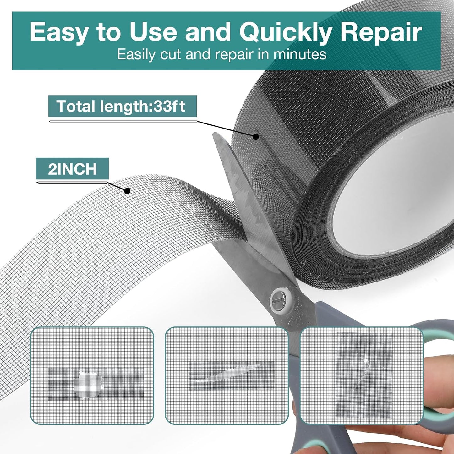 Window & Door Screen Repair Tape, 2in x 33ft Black Mesh Patch Kit | Strong waterproof adhesive resists sun & rain; flexible mesh patch plus cleaning brush for window screens, doors, RV & tents