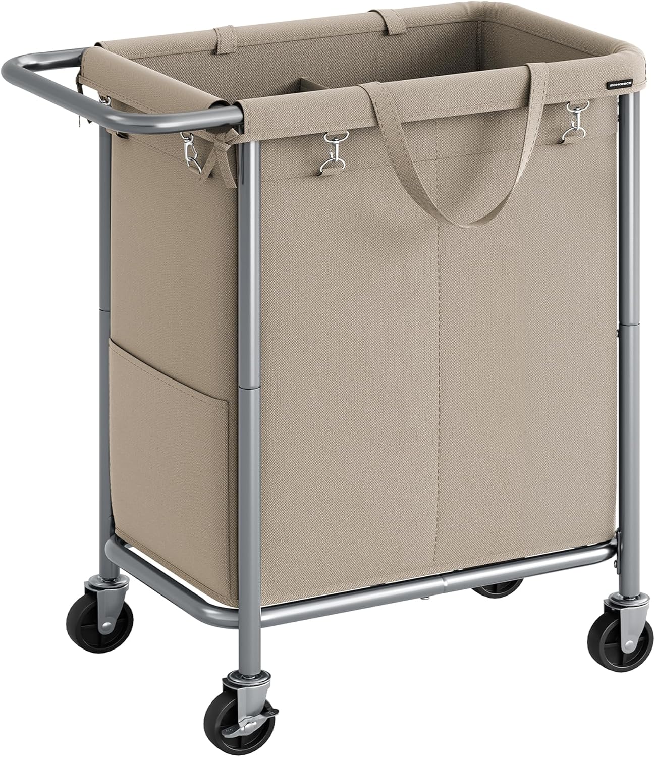 SONGMICS Laundry Basket with Wheels, 4-Section Rolling Laundry Hamper, 68.6 Gallons (260 L), Removable Liner, Steel Frame with Handle, 43.3 x 15.4 x 31.9 Inches, Cream White URLS014W01