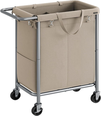 SONGMICS Laundry Basket with Wheels, 4-Section Rolling Laundry Hamper, 68.6 Gallons (260 L), Removable Liner, Steel Frame with Handle, 43.3 x 15.4 x 31.9 Inches, Cream White URLS014W01