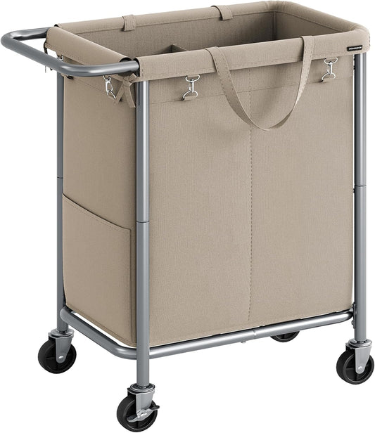 SONGMICS Laundry Basket with Wheels, 4-Section Rolling Laundry Hamper, 68.6 Gallons (260 L), Removable Liner, Steel Frame with Handle, 43.3 x 15.4 x 31.9 Inches, Cream White URLS014W01