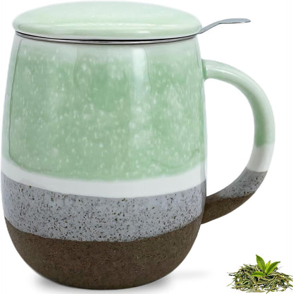 SISETOP 13.5 OZ Large Tea Cup with Infuser and Lid, Reactive Glaze Tea Infuser Mug, Ceramic Loose Leaf Teacup for Brewing, Microwave & Dishwasher Safe, Pale Blue