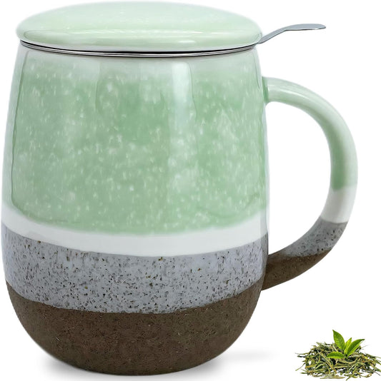 SISETOP 13.5 OZ Large Tea Cup with Infuser and Lid, Reactive Glaze Tea Infuser Mug, Ceramic Loose Leaf Teacup for Brewing, Microwave & Dishwasher Safe, Pale Blue