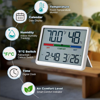 Digital Hygrometer Indoor Thermometer, Clock with Temp & Humidity, Temp Gauge with Comfort Indicator, Wall/Magnetic/Desk Alarm Clock for Bedroom, Baby Room, Office, Kitchen, Garage (Black)