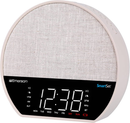 Emerson CKSS7071 Sunrise Smartset Alarm Clock Radio with 1.2" LED Display, White Noise, 6 Soothing Sounds, 8-Color Dimmable LED, Bluetooth Speaker, White