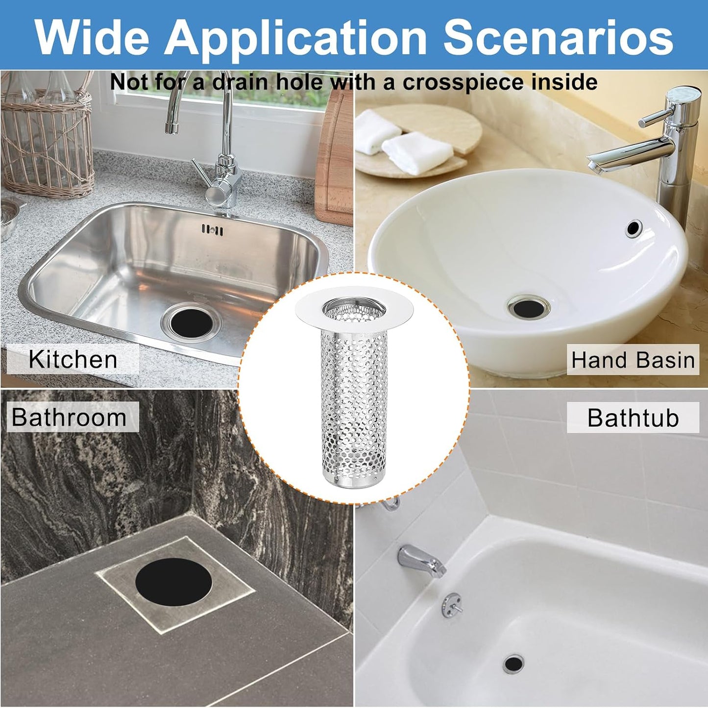 uxcell 2 Pack Shower Drain Strainer, 2" x 2.5" Stainless Steel Floor Drain Strainer Deep Sink Hair Catcher for Kitchen Bathroom Balcony Floor Drain, Fit Hole Size from 1.57" to 2.56"