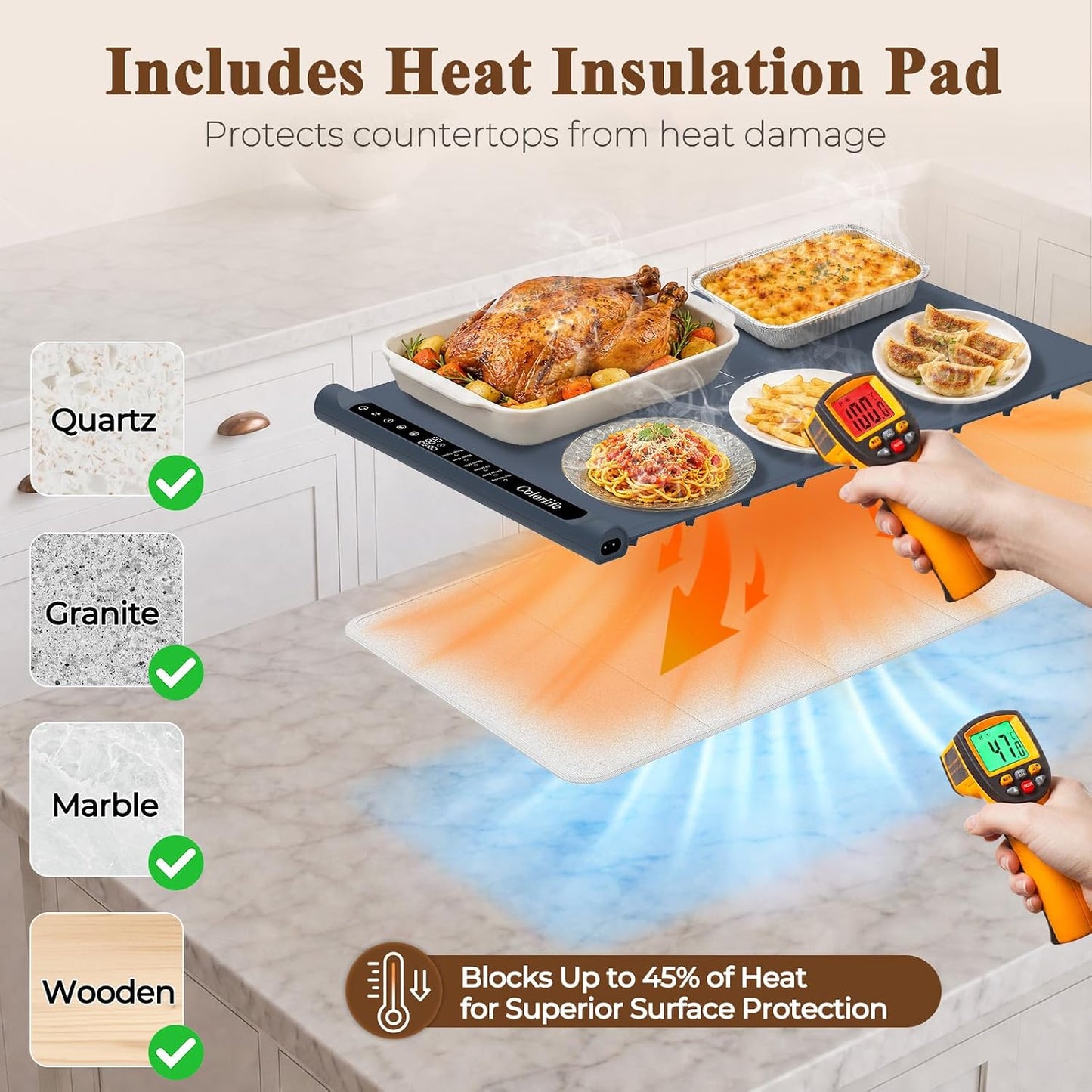 Warming Mat for Food, Electric Warming Tray with Heat-Resistant Pad-L Grey | Colorlife 6 Preset Modes, 7 Temps, 6H Timer, Child Lock, Auto-Memory, Rollable Silicone Food Warmer for Buffet, Parties