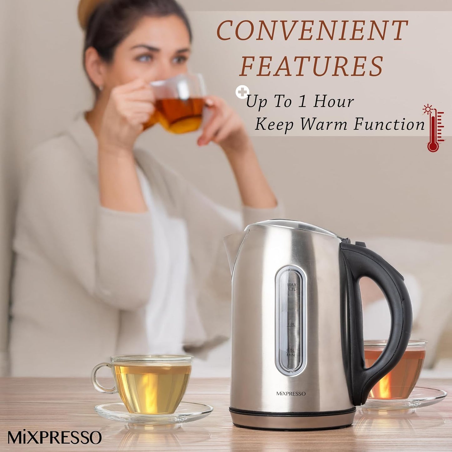 Mixpresso Electric Kettle Temperature Control, Hot Water Kettle Electric, Cordless 1 Liter Capacity, Keep Warm & LED Indicator, Auto-Shutoff, Boil-Dry Protection, Stainless Steel Electric Kettle