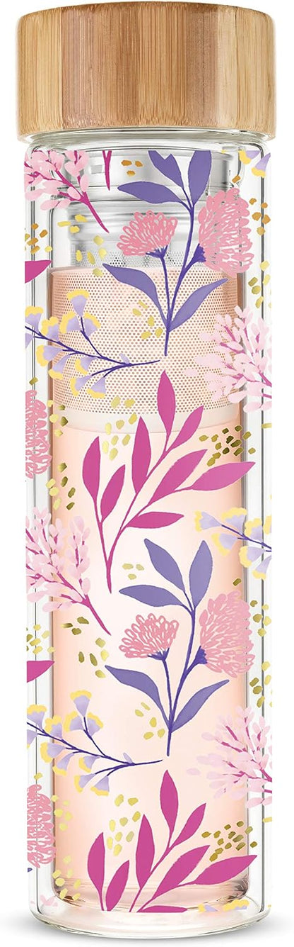 Pinky Up Blair Travel Tea Infuser Mug, Double Walled Insulated Travel Tumbler with Loose Leaf Tea Strainer, Travel Coffee Mug, Keeps Drinks Hot or Cold, 16 oz, White Leaf