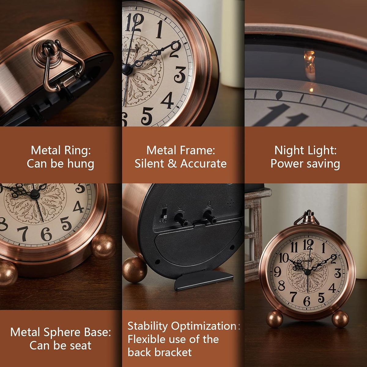 FLOITTUY 4.5" Battery Operated Antique Retro Analog Metal Alarm Clock, Silent Bedside Desk Clock, Wall-Hanging Vintage Clock(Exquisite Bronze)