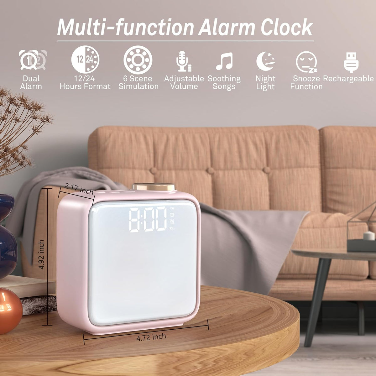 AIRIVO Alarm Clock Night Lights, Built-in Battery Alarm Clock for Bedrooms, 6 Scenes & White Noise Sync, Dual Alarms & Snooze, for Heavy Sleepers, Gifts for Kids Teens