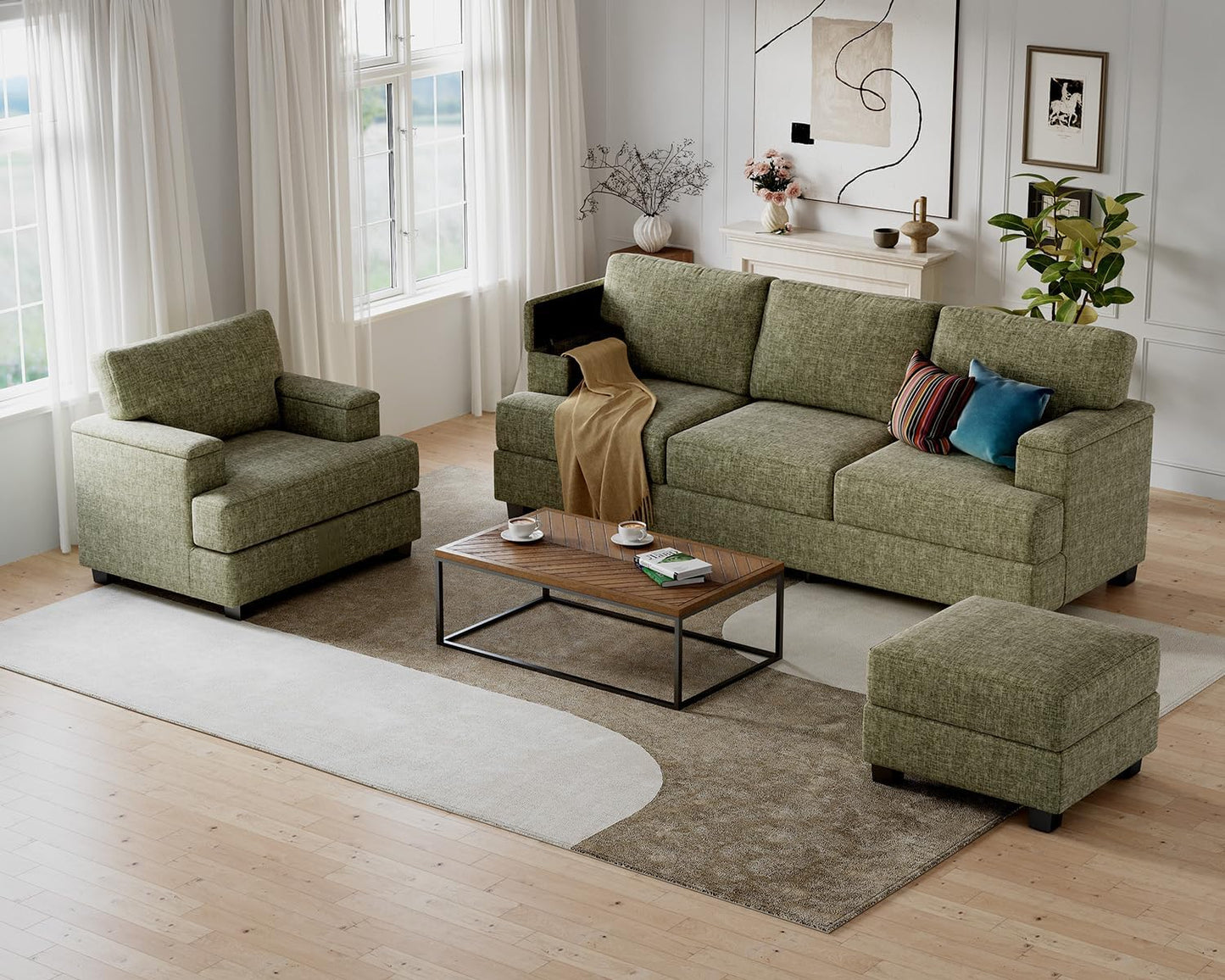 85'' L Shaped Couch with Armrest Organizer,Sectional,Movable Ottoman,Khaki | Comfy Sectional Sofa with Thick Cushion,3 Seats Sofas,Sectional Couches for Living Room,Bedroom,Apartment,Chenille