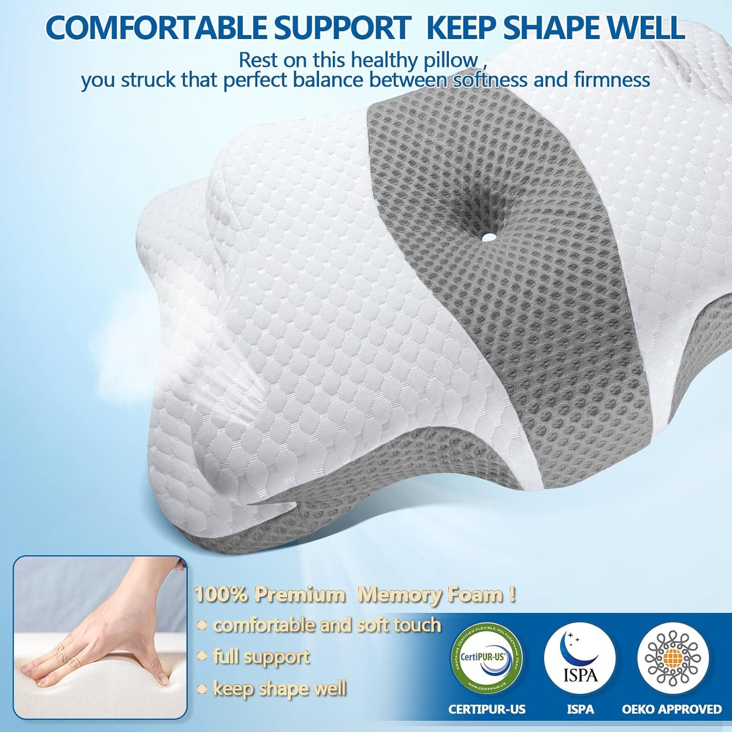 CHxxy Memory Foam Pillows, Cervical Pillow for Neck & Shoulder Pain Relief | Ergonomic Contour Bed Pillow, Soft for Side Sleep Stomach Sleeping and Back Sleeper-Queen Size&Grey