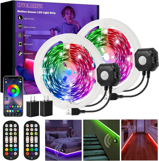 Motion Sensor Under Bed Lights,2x13.12Ft RGB LED Strip with RF Remote & APP