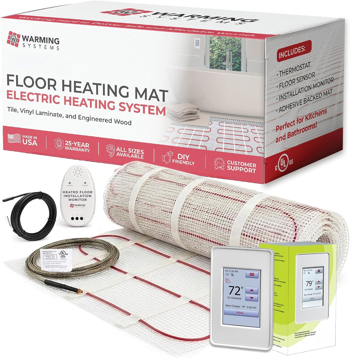 15 Sq Ft 120V Electric Floor Heating System Mat Kit | Premium UDG4-4999 touchscreen thermostat with built-in GFCI, Heating mat, floor sensor & installation monitor included.