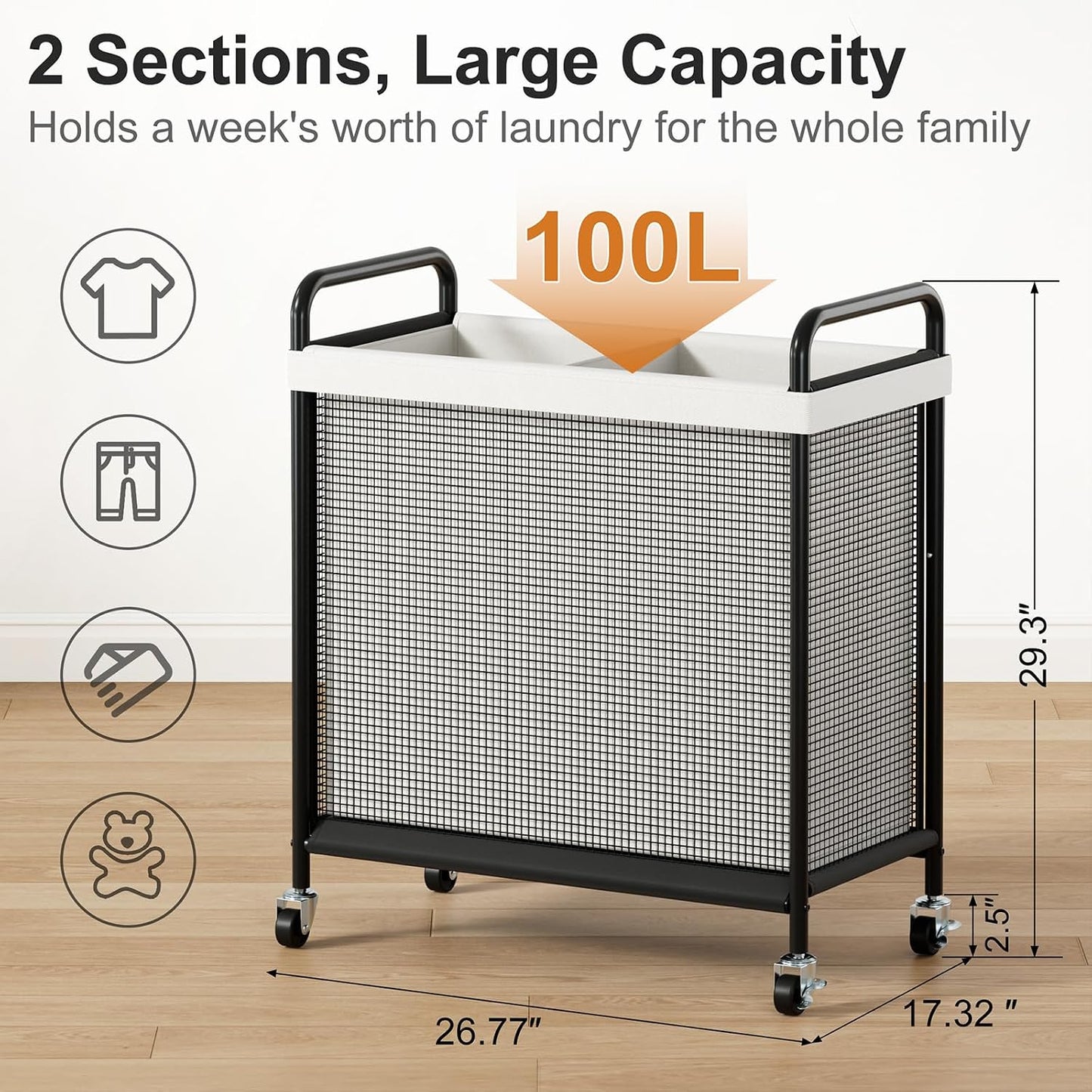 WOWLIVE Rolling Laundry Hamper 2 Section, 100L Laundry Basket with Wheels | Double Laundry Sorter with Metal Handle and Removable Bag, Large Clothes Hamper for Laundry Room, Bathroom and Dorm, Beige