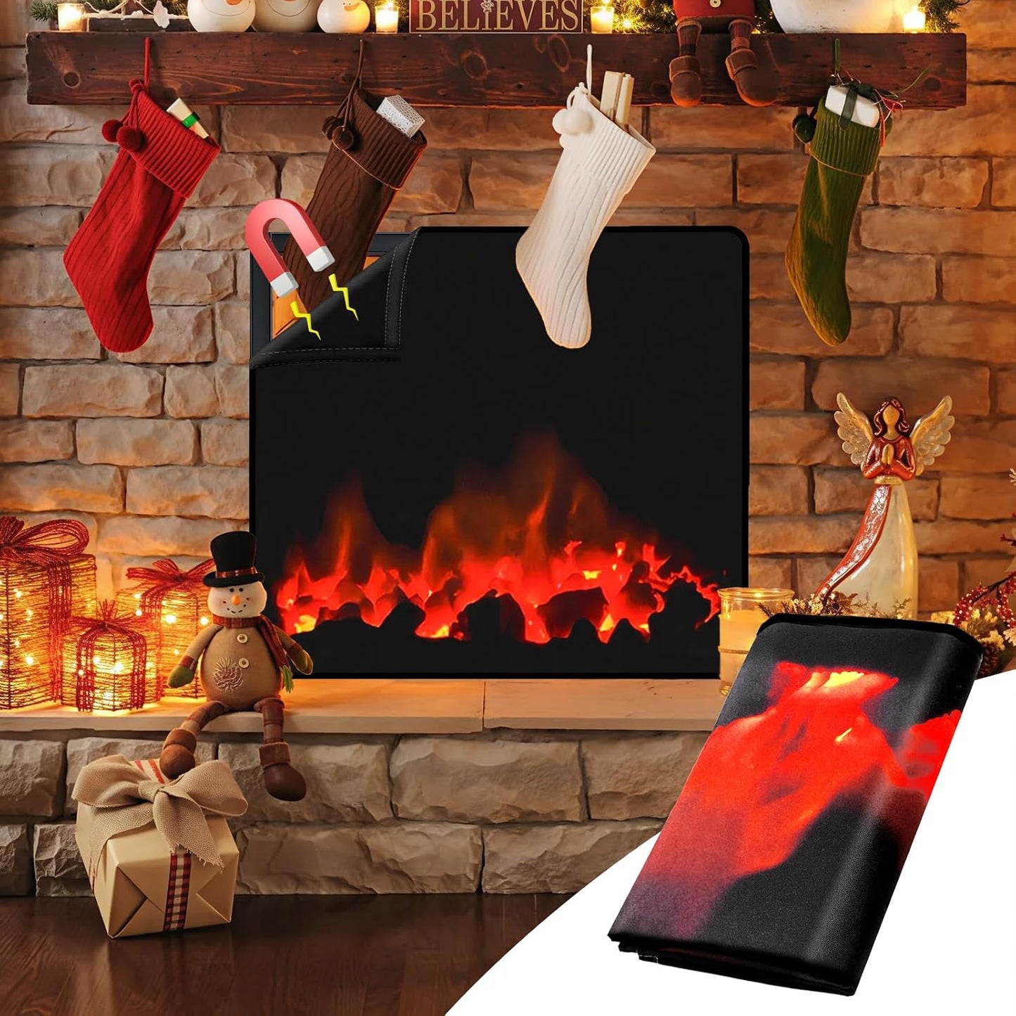 Magnetic Fireplace Cover, Fireplace Blocker Blanket Stops Heat Loss36"x32" | Indoor Fireplace Draft Stopper Cover Keep Drafts Out with Built-in 12 Strong Magnet for Iron Fire place Frame