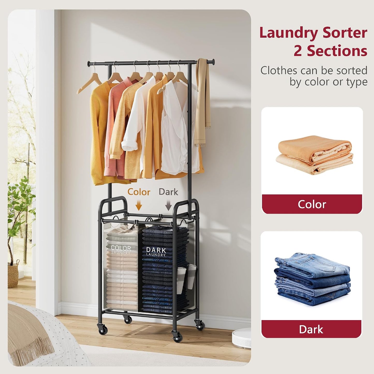 Laundry Cart with Hanging Rack, 65 Gal. Large Laundry Hamper, Beige | Rolling Laundry Cart with Hanging Bar with Removable Bag and Lockable Wheels, Separator Hamper Cart for Bedroom, Bathroom