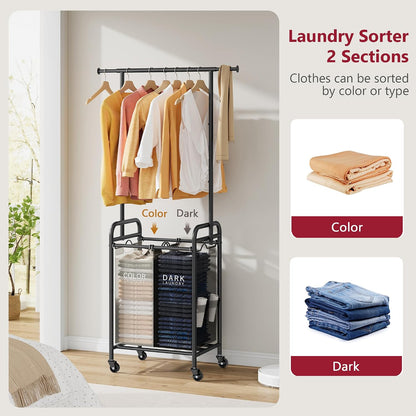 Laundry Cart with Hanging Rack, 65 Gal. Large Laundry Hamper, Beige | Rolling Laundry Cart with Hanging Bar with Removable Bag and Lockable Wheels, Separator Hamper Cart for Bedroom, Bathroom