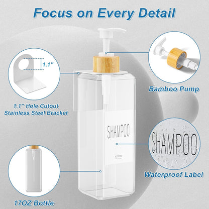 VITVITI Shampoo and Conditioner Dispenser, Shower Soap Dispenser Wall Mount | 17OZ Refillable Plastic Shampoo/Body Wash Shower Bottles for Bathroom with Pump/Labels, Bamboo Wall Mounted, Clear