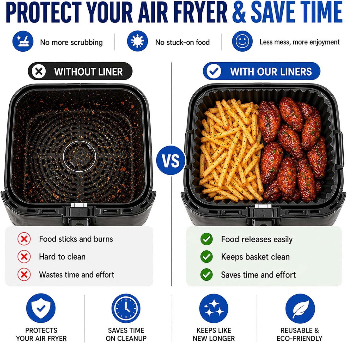Reusable Silicone Air Fryer Liners 4 PCS Set | 2-Pack 8-Inch Square Liners with Tongs & Basting Brush | Compatible with Ninja AF141 AF181, COSORI & More | Food-Grade Accessories for 5–7 QT Baskets