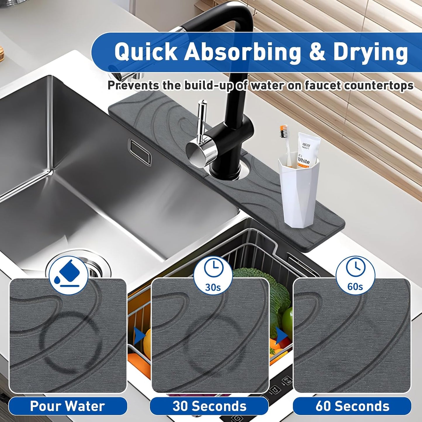 2 Pcs Faucet Mat for Kitchen Sink 15.74”×3.94” Diatomite Quick Dry Sink Splash Guard Absorbent Kitchen Stone Sink Tray Faucet Splash Guard for Bathroom Counter