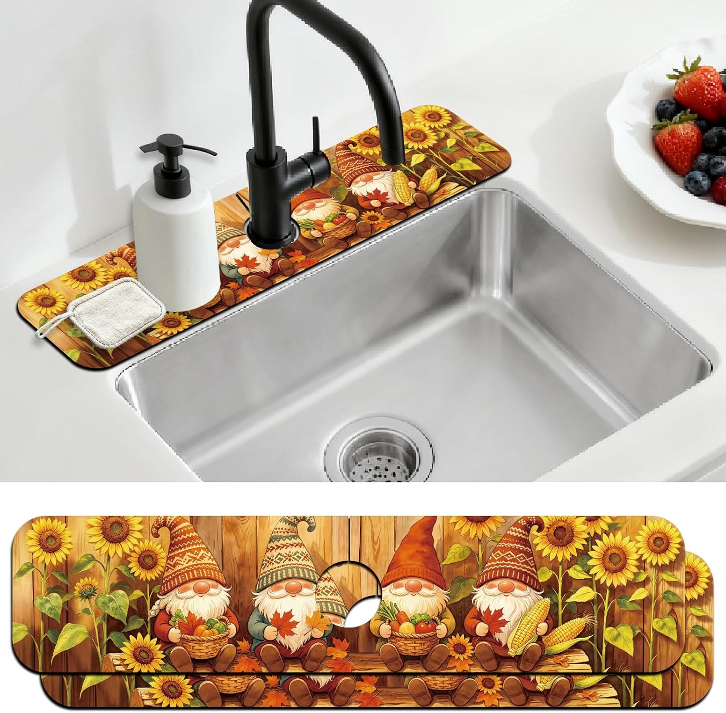 2Pcs Peonies Kitchen Sink Splash Guard Faucet Mat Vintage Florals Faucet Mat For Bathroom Kitchen 5.5x23.6In