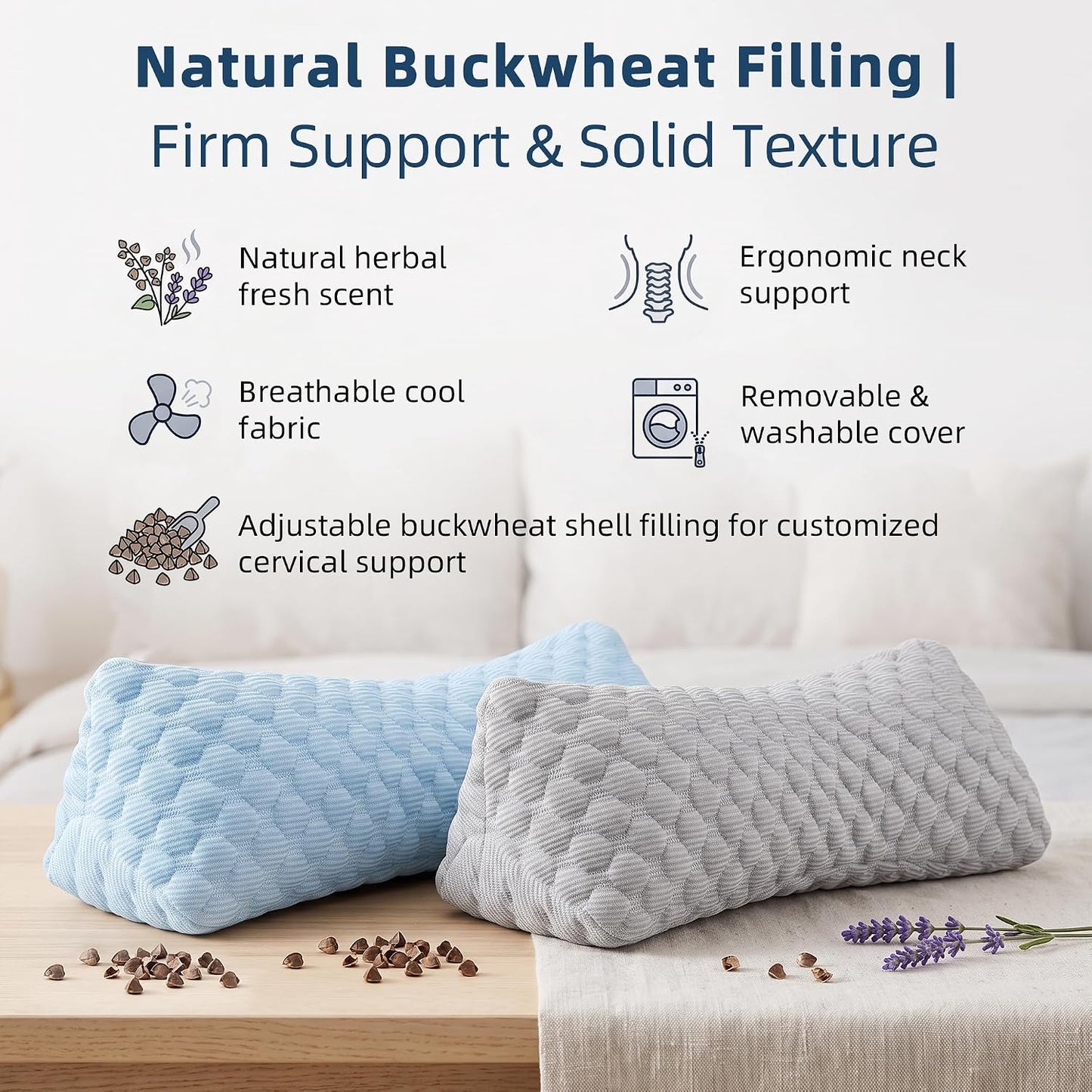 Buckwheat Cervical Pillow, Adjustable Neck Support Pillow for Sleeping, Organic Buckwheat Hull Pillow, Firm Breathable Neck Roll Pillow with Removable Cover for Back and Side Sleepers