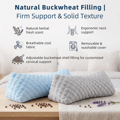Buckwheat Cervical Pillow, Adjustable Neck Support Pillow for Sleeping, Organic Buckwheat Hull Pillow, Firm Breathable Neck Roll Pillow with Removable Cover for Back and Side Sleepers