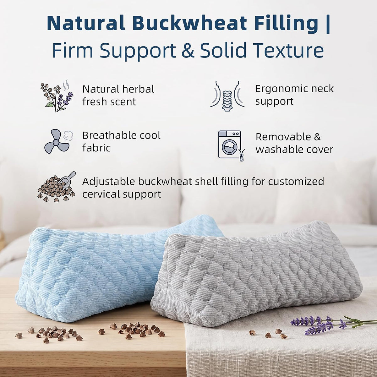 Buckwheat Cervical Pillow, Adjustable Neck Support Pillow for Sleeping, Organic Buckwheat Hull Pillow, Firm Breathable Neck Roll Pillow with Removable Cover for Back and Side Sleepers
