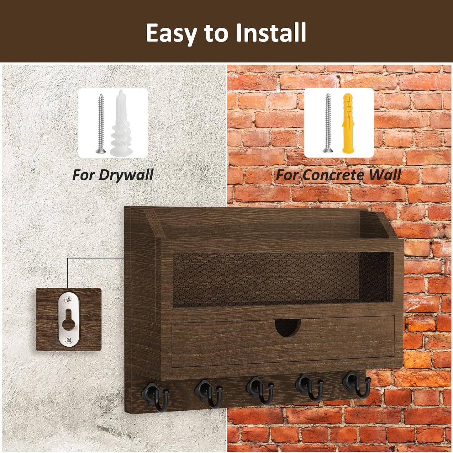 Nekon Key and Mail Holder for Wall, Key Organizer with Drawer, White | 11"W x 7.9"H x 3.1"D Wooden Key Rack with 5 Hooks, Mail Organizer for Home Decor