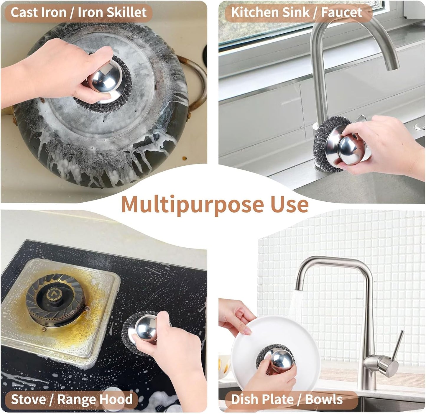 6PCS Steel Wool Scrubber Sponge Set, Barbecue Grill Cleaning Scrubber Pads | Stainless Steel Scrubber Replacement for Scouring Messes from Cast Iron, Pots, Pans, Grill, Stoves, Sink (6 Pads)