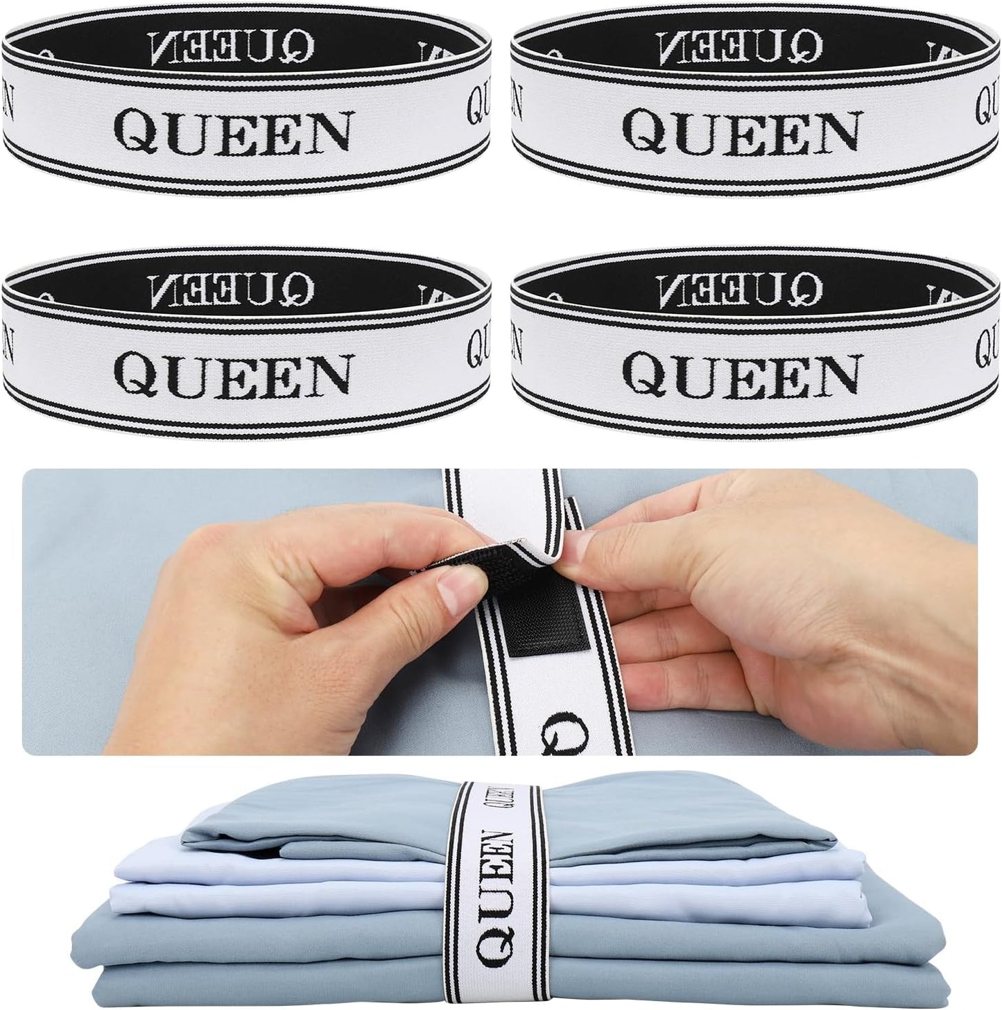 Bed Sheet Organizer Bands with Hook and Loop Adjustable Sheet Organizers and Storage Label Bands for Linen Closet-Elastic Bedding Sheet Keeper Straps for Bedsheet Sets (Queen 4PCs)